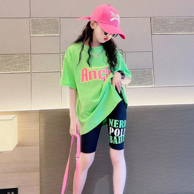 

Summer Teens Girls Clothes Outfits Toddler Child Green Loose Letter Top Tshirt+Tight Shorts 2PCS Suits 6 9 10 11 12 13 14 Years