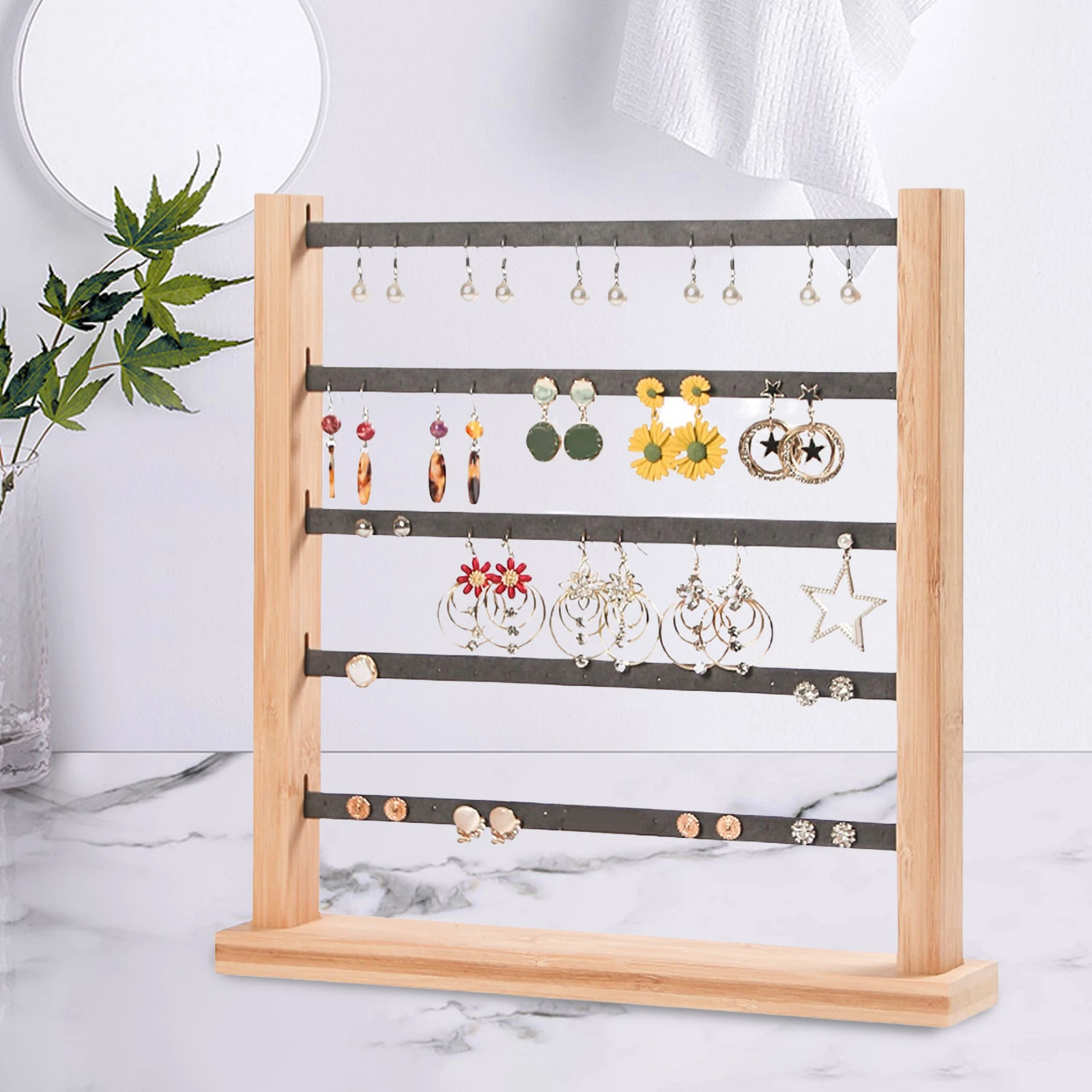 

Newest Bamboo Jewelry Organizer 5 Tier Necklace Earring Showcase Display Holder Ear Stud Stand for Showing Countertop Desktop