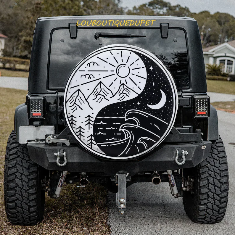 

Premium Yin Yang Car Tire Cover For All Car Day And Night Protector Boho Car Accessories + Backup Camera Hole