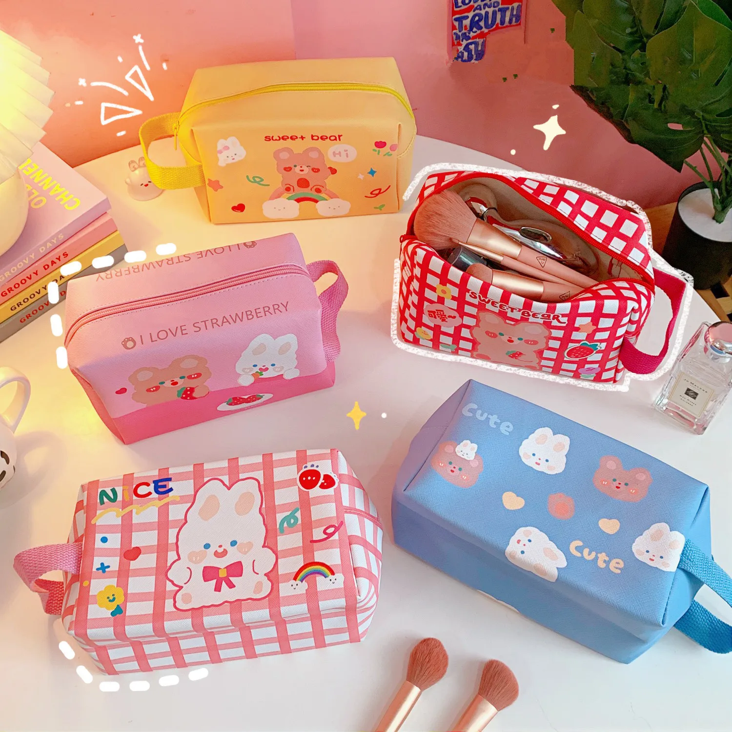 

MINKYS New Arrival Kawaii Strawberry Rabbit Big Capacity PU Storage Bag Makeup Pencil Case Cute School Stationery Supplies