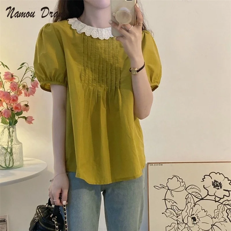 

Namou Drane Lace Shirt Women's Summer 2022 New French Minority Bubble Sleeve Pleat Wear Foreign Style Short Sleeve Shirt