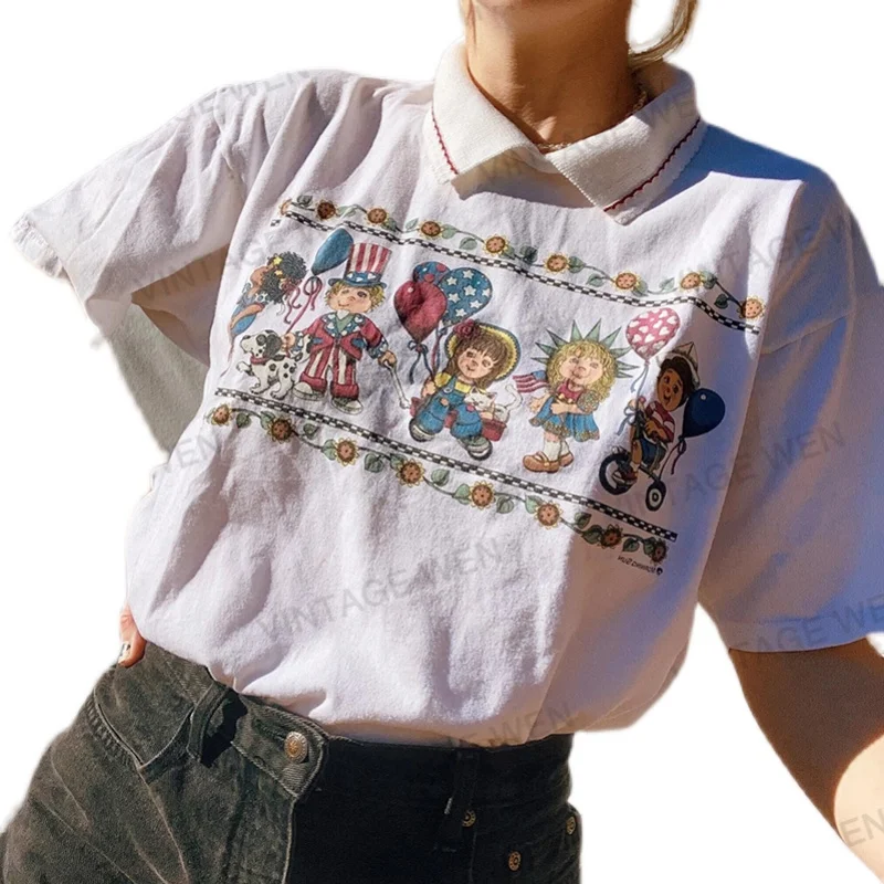 

American Retro Loose White Cute Cotton Polo Short-Sleeved T-shirt Female Summer Ins Fashion