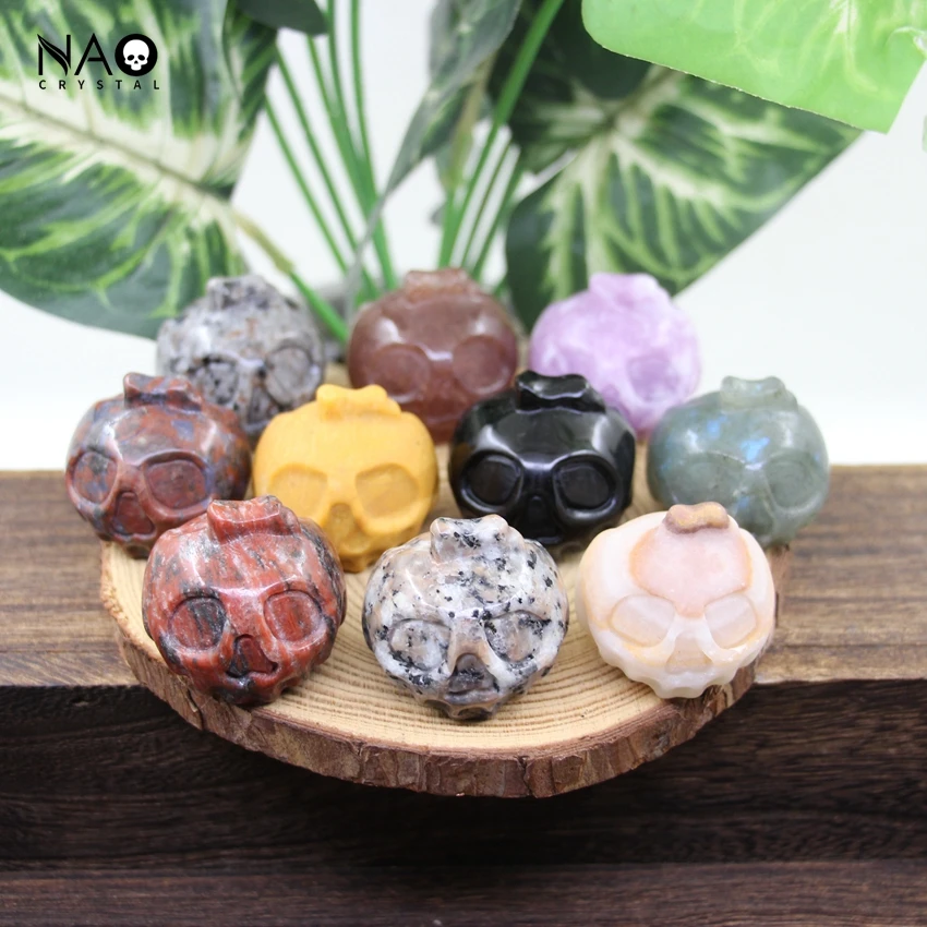 

1.4" Halloween Pumpkin Head Statue Crafts Healing Crystal Quartz Obsidian Carved Stone Skull Figurine Home Decor Ornament Gifts