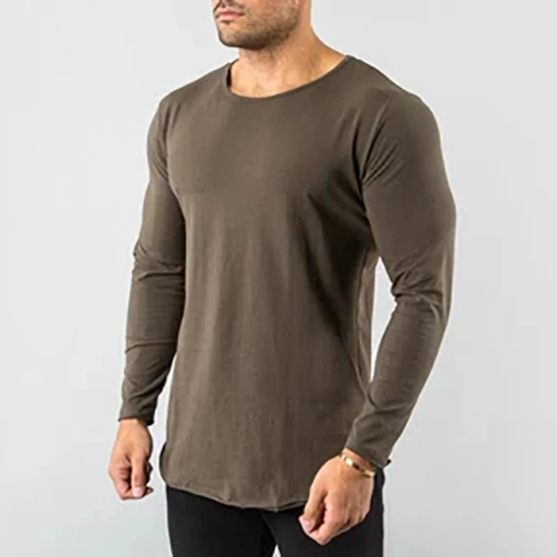 

2022 Autumn Sports Fitness Long Sleeve T-shirt Men's Casual Solid Color T Shirt Round Neck Breathable Basic Tops Tee Shirt