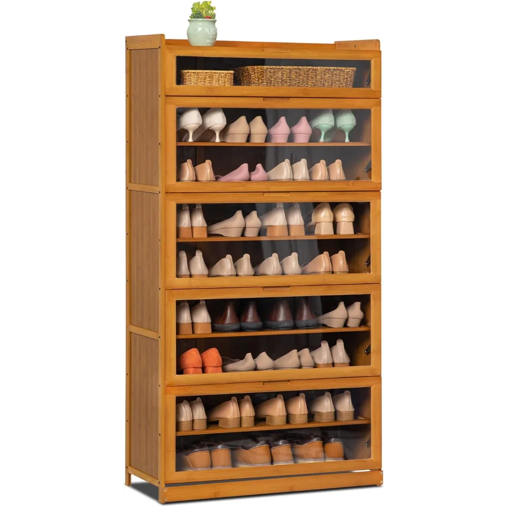 

Large Shoe Storage Cabinet with Acrylic Doors 9 Tier Bamboo Free Standing Narrow Shoes Rack for 41-45