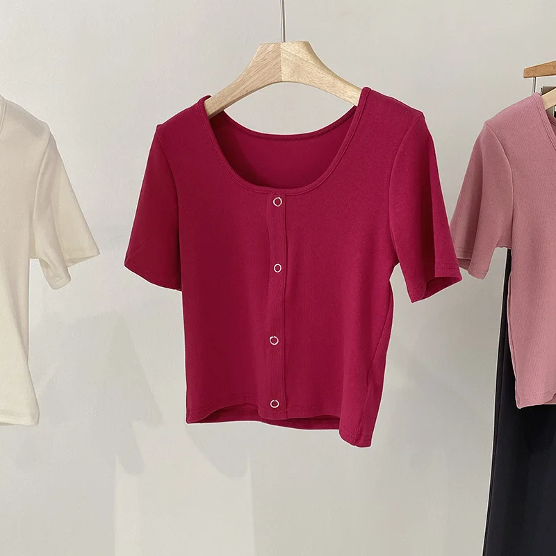 

Square Neck Short Sleeve Casual Solid Color T-Shirt Summer Bottoming Shirt grey