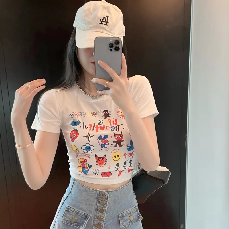 

2023 Summer New Unique Spicy Girl Women's T-shirt Slim Fit Short Open Button Print Top Design Small Short Sleeve S-XL Size