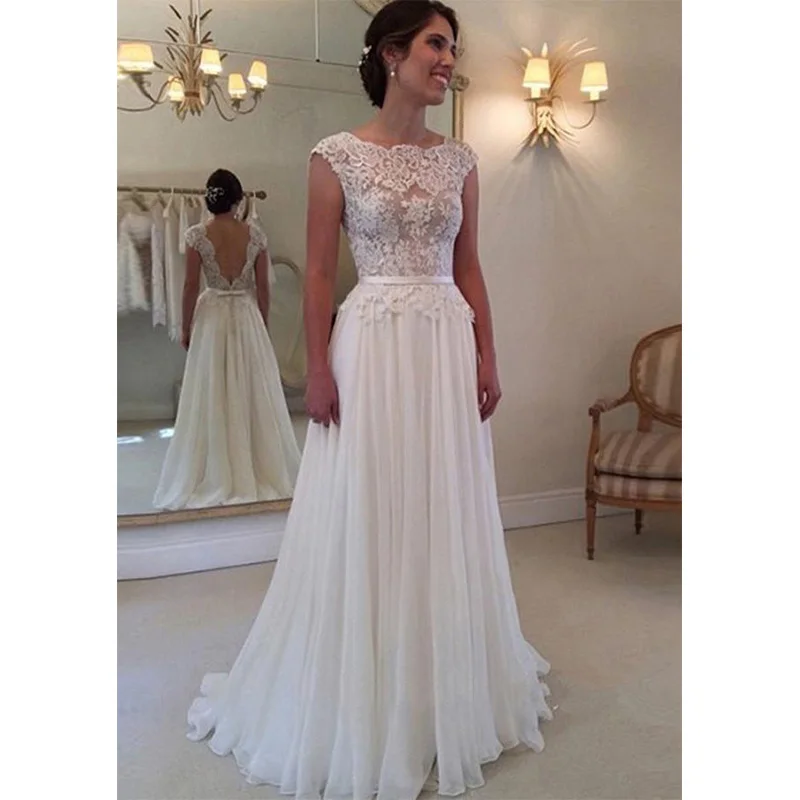 

Chiffon Wedding Dress Sleeveless V-shaped Back Round Neck Short Train Loose Pearl Embellishment Built-in Bra Half Lace 2022 NEW