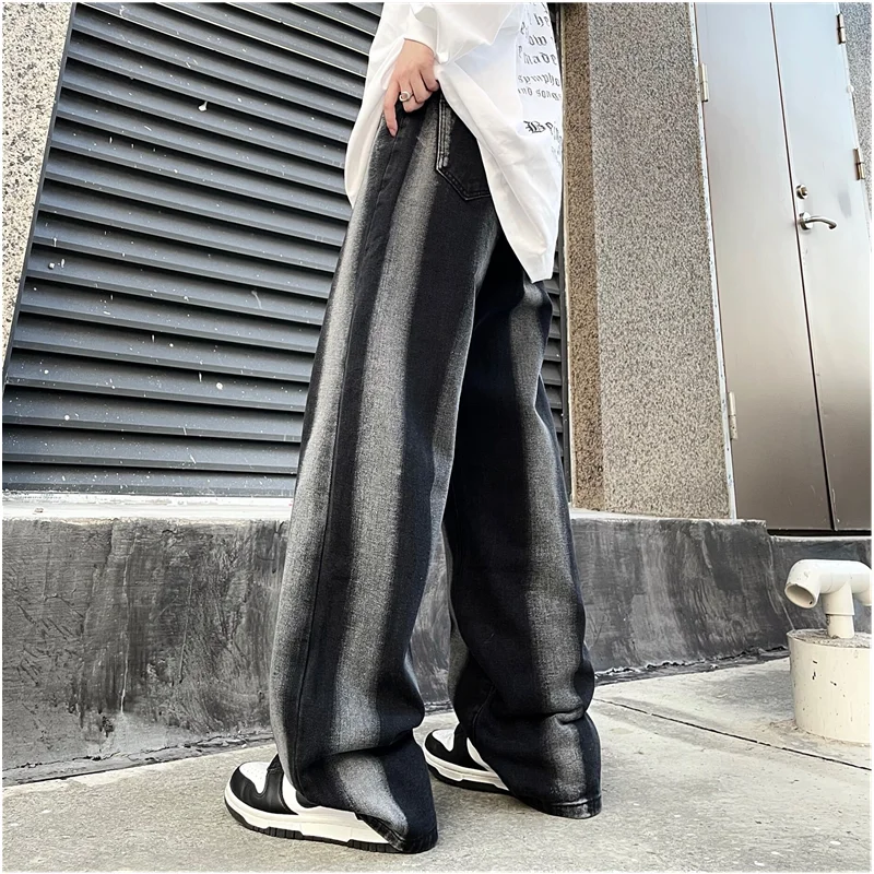 Men Clothing 2022 New Pattern Recreational Vintage Broad Leg Black Stripe Jeans Straight Cylinder Loose Cargo Pants Autumn Women