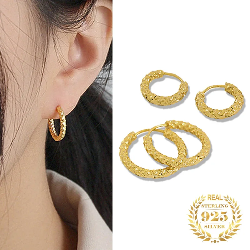 Купи Ins Simple Starry S925 Sterling Silver Hoop Earrings Female Personality Frosted Texture Gold Earrings For Women Fine Jewelry за 387 рублей в магазине AliExpress