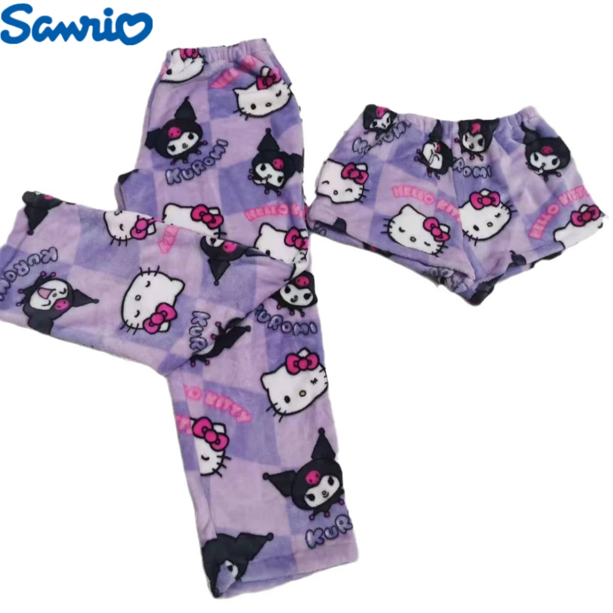 Фото Фланелевые пижамы Sanrio Kuromi, фиолетовые, женские, теплые, шерстяные, с мультяшным принтом, повседневные домашние брюки, осенне-зимние модные брюки, милый подарок №1
