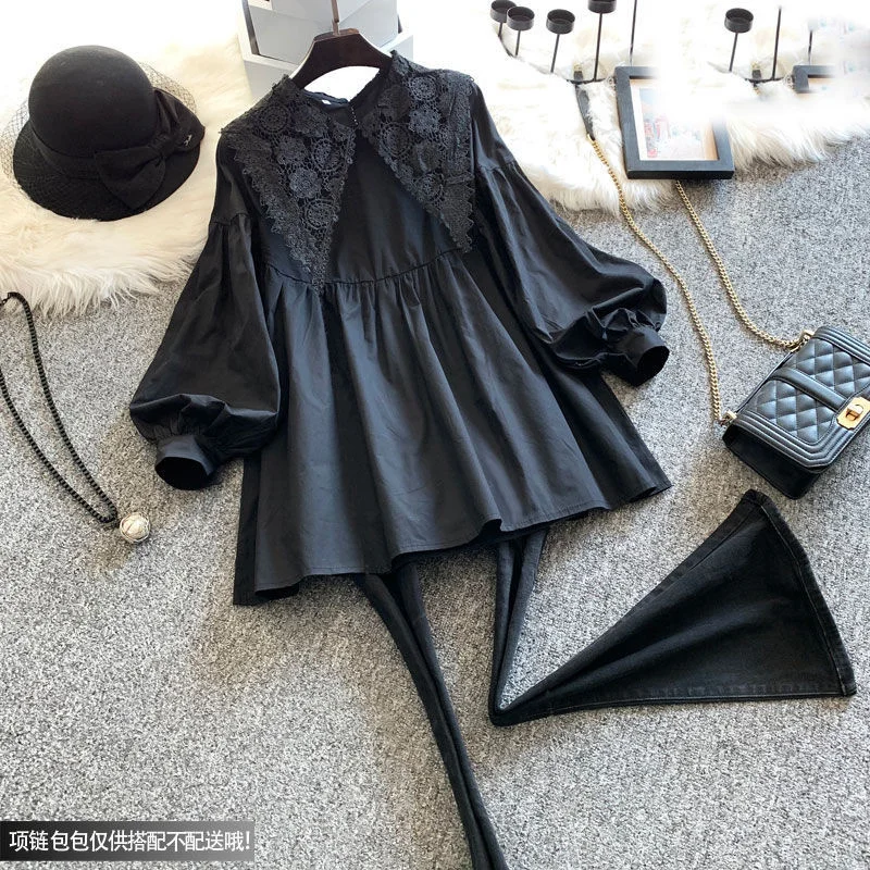 

Rachel Size Blouse Women Blusas Mujer Moda Lace Shirt Lantern Sleeve Loose Blouses Black Long Tops