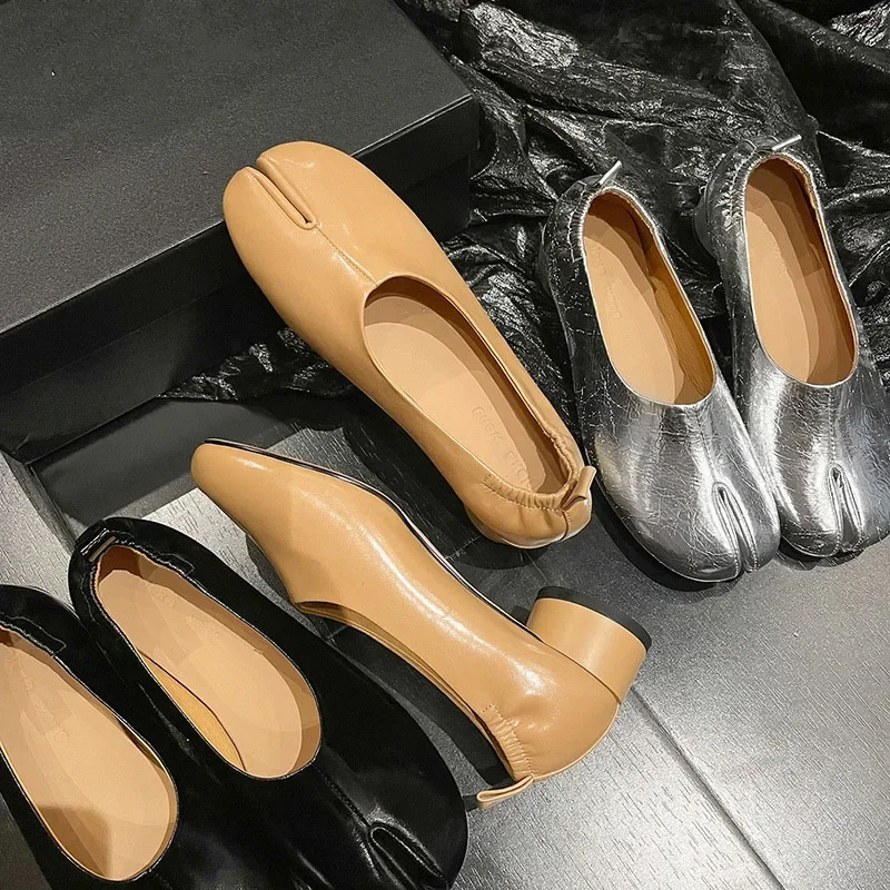 Vintage Split Toe High Heels Temperamental Soft Leather Chunky Pumps Horseshoe Loafers Elasticated Slip-On Women Shoes