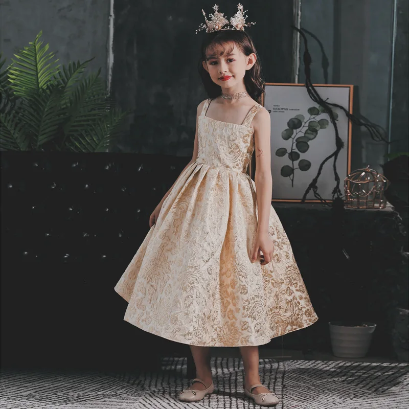 2023 Young Girls Princess Dresses Sets 2pcs Luxury Elegant Dress Gold Cloak Kid Girl Printing Suspender Gown Children Vestido enlarge