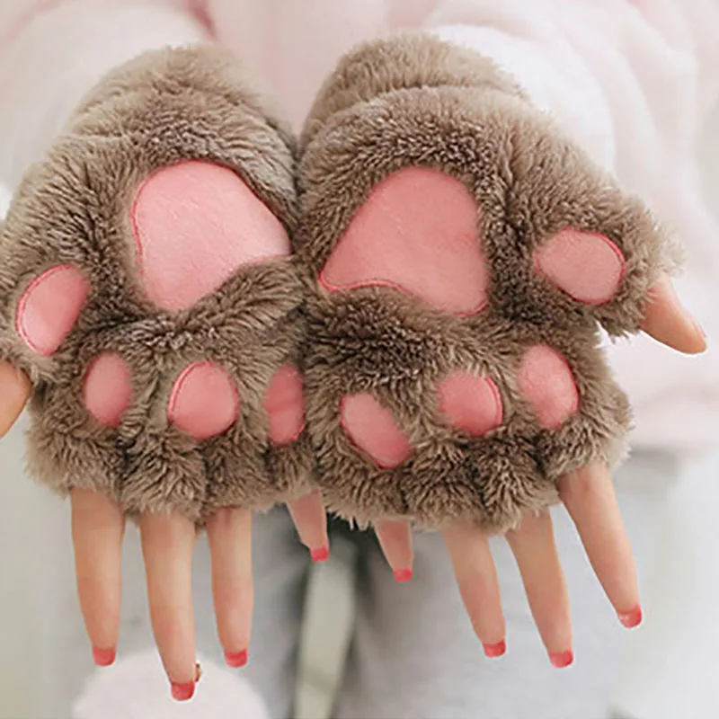 

Cute Bear Cat Paw Gloves Soft Plush Mittens Winter Warm Fluffy Short Fingerless Fashion Half Finger Gloves For Women Girls Gifts