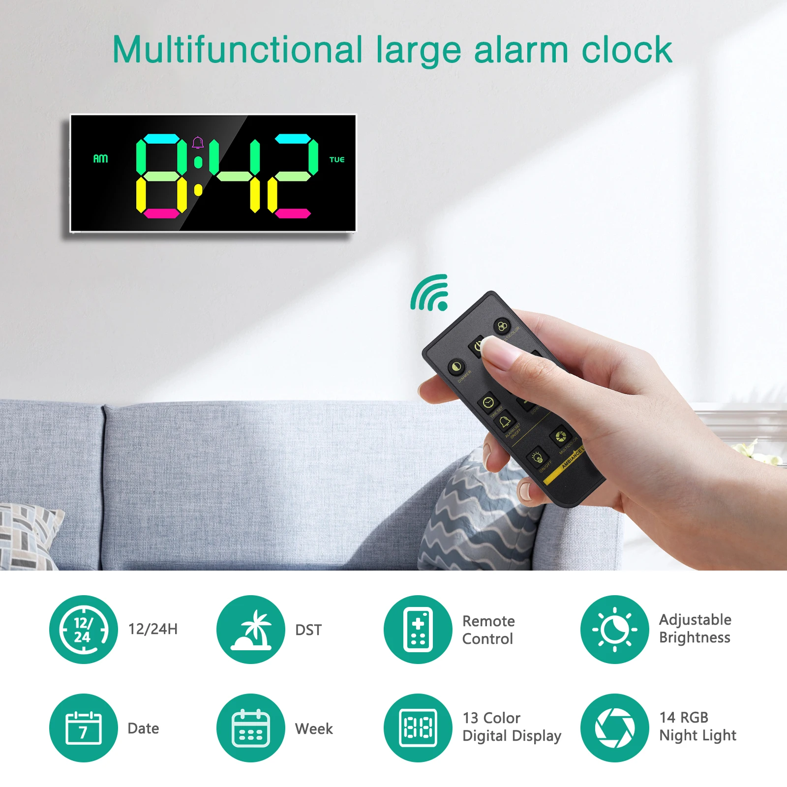 ORIA цифровые настенные часы 12 дюймов с большим дисплеем RGB красочный будильник