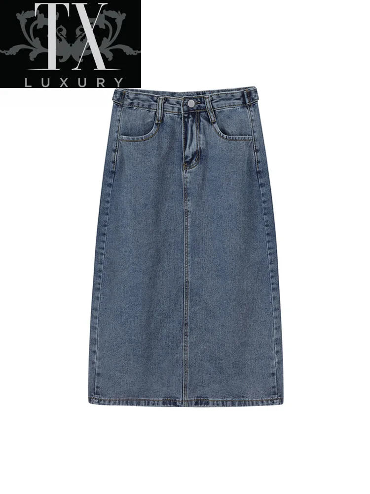 

Women Autumn New Denim Skirts Midi Jupe Longue Femme High Waist Korean Fashion Vintage All-Match Harajuku A Line Jean Skirt