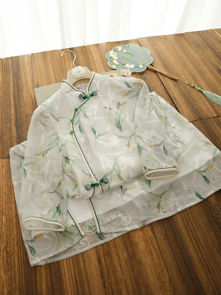 

2022 Summer New Half Sleeve Light Style Flower Print High Quality Dress Chinese Retro Style Mandarin Collar Long Dresses Summer