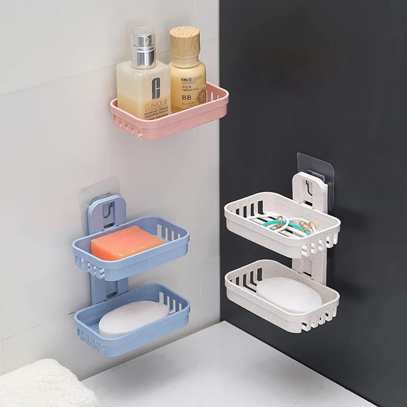 

Wall Mounted Double Layer Soap Dish Punch-Free Drawer Draining Holder Kitchen Sponge Storage Box Bathroom Organizer Rack Shelves