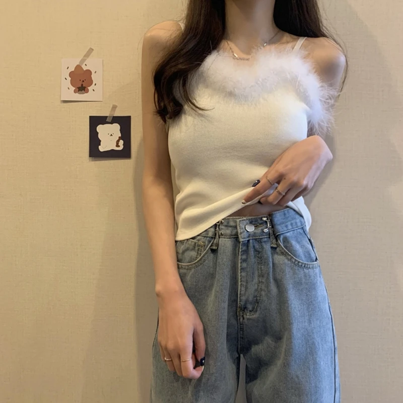 Женская пикантная кофта из искусственного меха с отделкой перьев вязаный тонкий