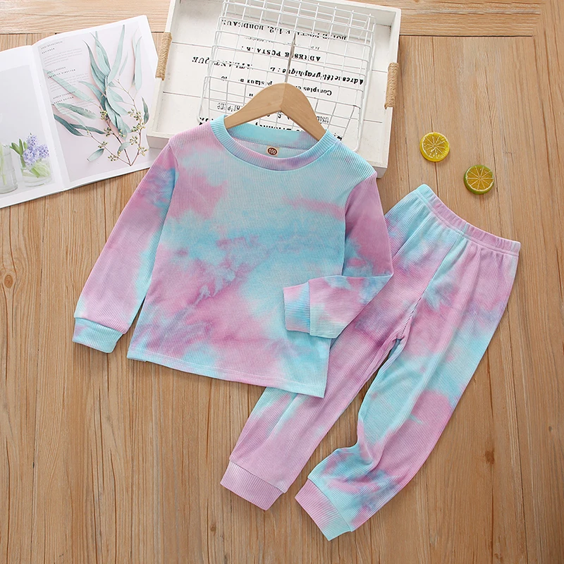 

От 1 до 7 лет Детская бабочка Die 2 шт. комплект одежды разных цветов с длинным рукавом ребристый топ с эластичным поясом длинные брюки для маль...