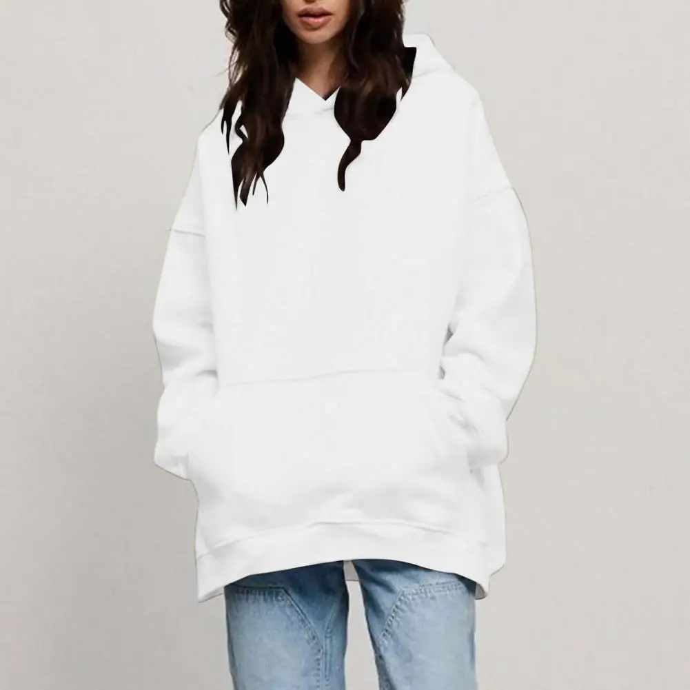 

Women Fall Winter Hoodie Thick Loose Solid Color Long Sleeve Pullover Soft Casual Big Patch Pocket Mid Length Unisex Hoodie