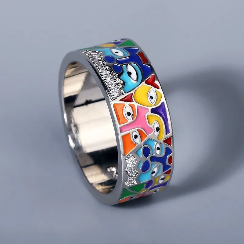 

New Cross border Platform Enamel Inlaid Diamond Family Women's Rings, Popular Fashion in Europe Index Finger Multi Eyes