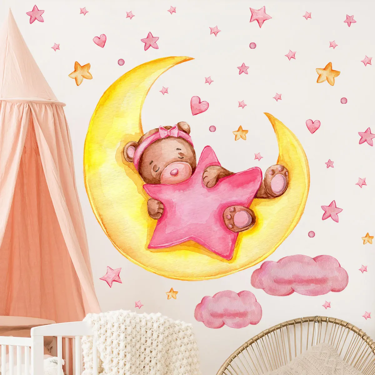 

Cute Cartoon Bear Moon Star Stickers Children's Room Bedroom Background Decoration Removable Goodnight Wall Decals