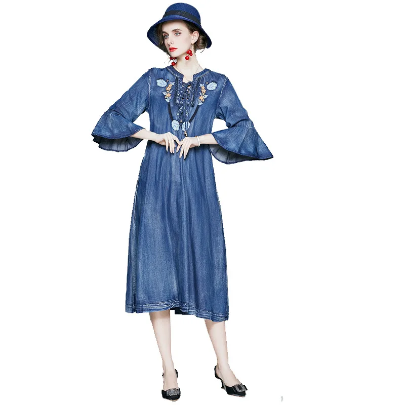 

Denim Dress New Round Neck Binding Embroidery Slim Skirt Maxi Dresses for Women Dress Summer 2022 Robe Traf