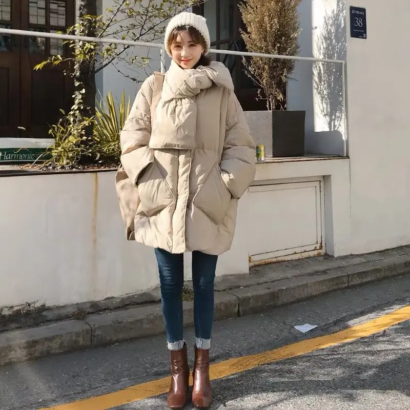 New Oversize Women's Winter Jacket Scarf Down Jackets Parkas Super Hot Coats Korean Fashion Snow Clothes Loose Solid Colours
