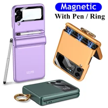 Case for Samsung Galaxy Z Flip 3 5G Magnetic Hinge Full Protection Cover Camera Glass Hard Plastic Back Ring Case With Touch Pen