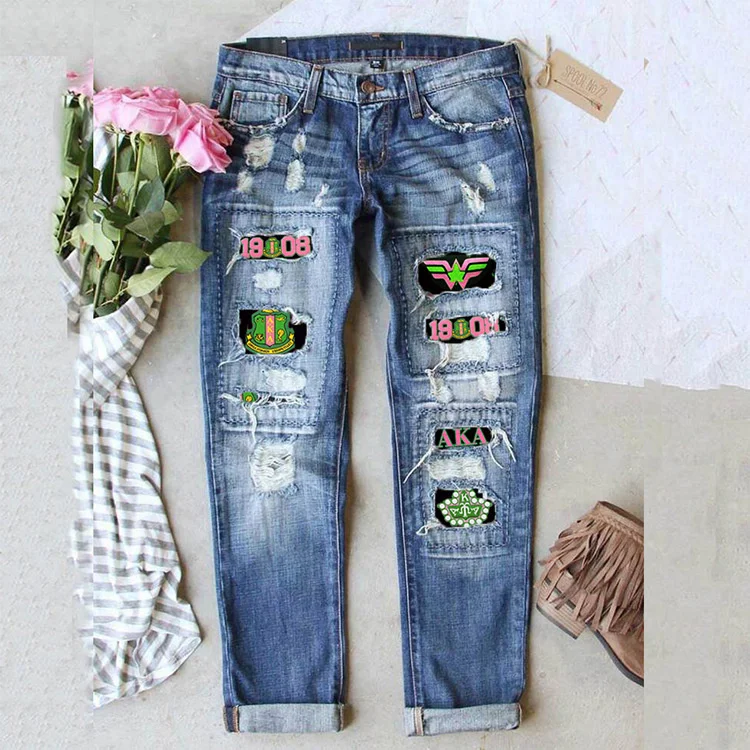 Direct Deat Cross-Border European and American Greek Sorority Middle Waist Printed Sticker Hole Washed Jeans for Women 2023 new