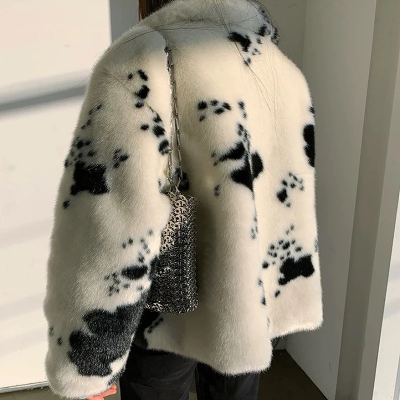 Winter Cow Pattern Faux Mink Fur Coats Women Long Sleeve Turn-down Collar Thick Coat Korean Fashion Warm Fur Cropped Jacket New