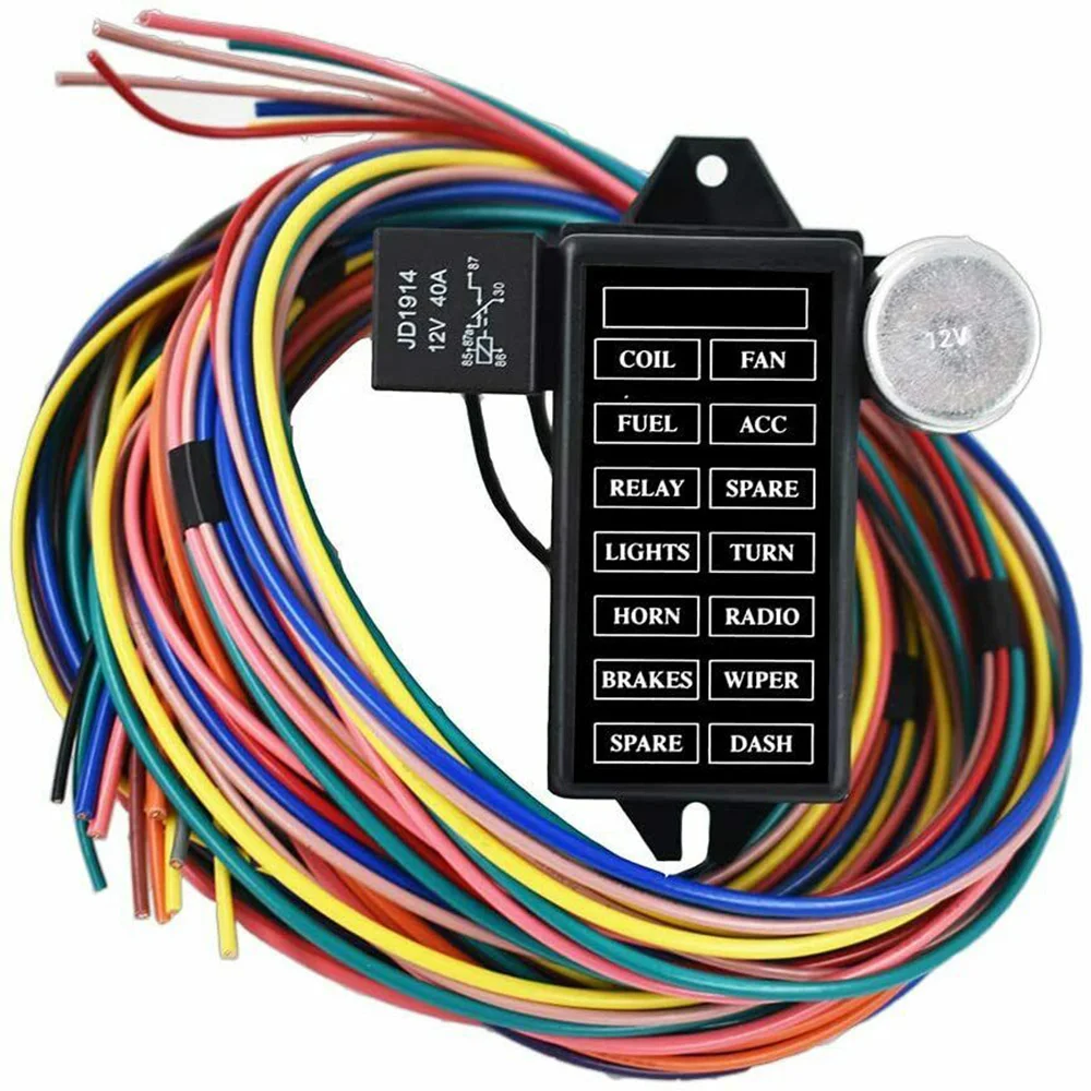 

Universal 8/14 Circuit Way Wiring Harness Kit 12V Car Light DIY Modification Wiring Fuse Box Wire Connector Adaptor