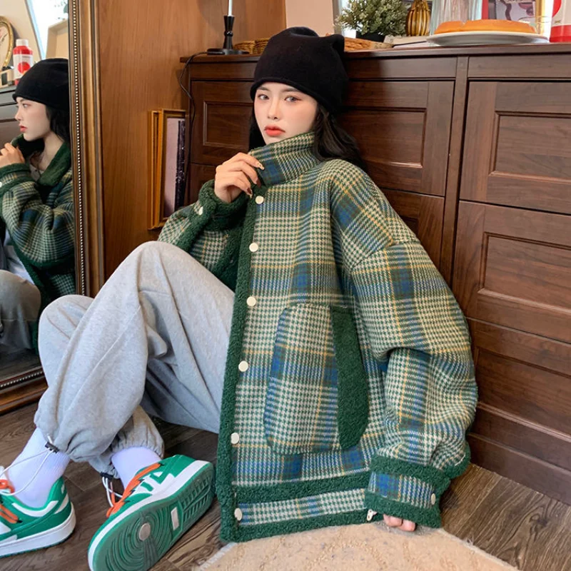 

Lamb Wool Cotton Coat Winter New Vintage Design Plaid Thickened Warm Cotton Coat Women Ins Small Jacket