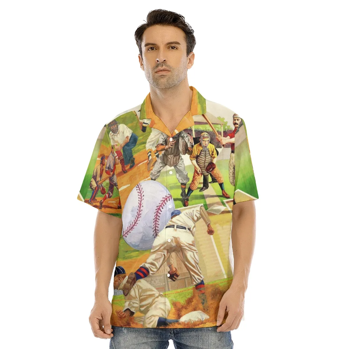 

Summer Men's Hawaiian Shirts Baseball Printed Shirts for Men Cuban Collar Vintage Short Sleeves Fashion Oversized Men's Clothing