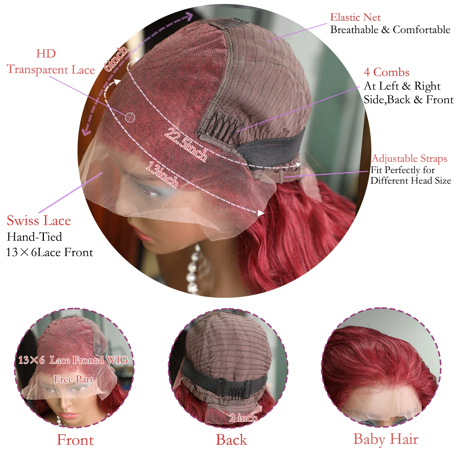 200% плотность 99J бордовый бразильский 34 дюйма телесная волна HD кружевной