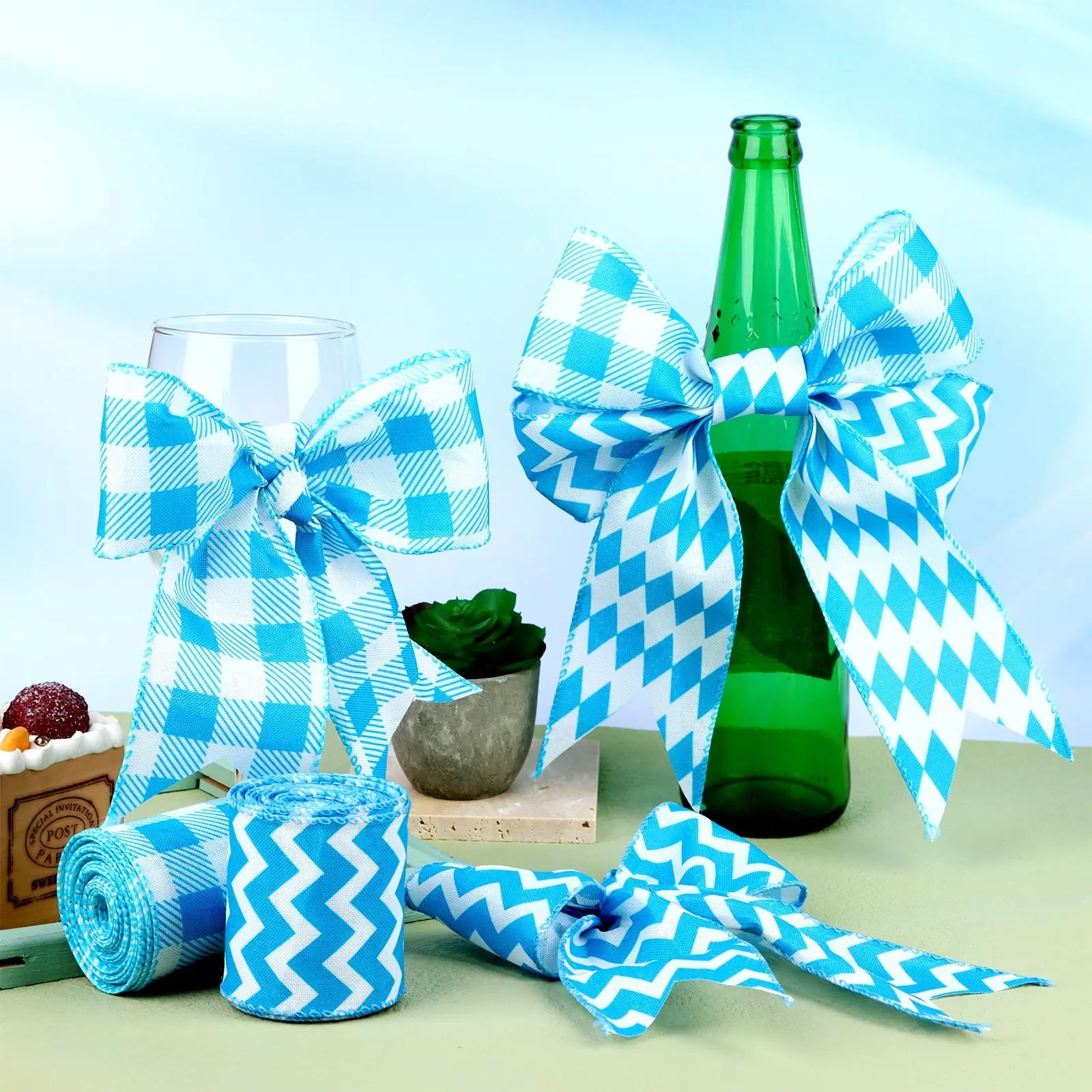 

4 Roll 20 Yard Blue And White Diamond Check Wired Edge Ribbon 2.5In Oktoberfest DIY Craft Packaging Bows Home Party Decoration