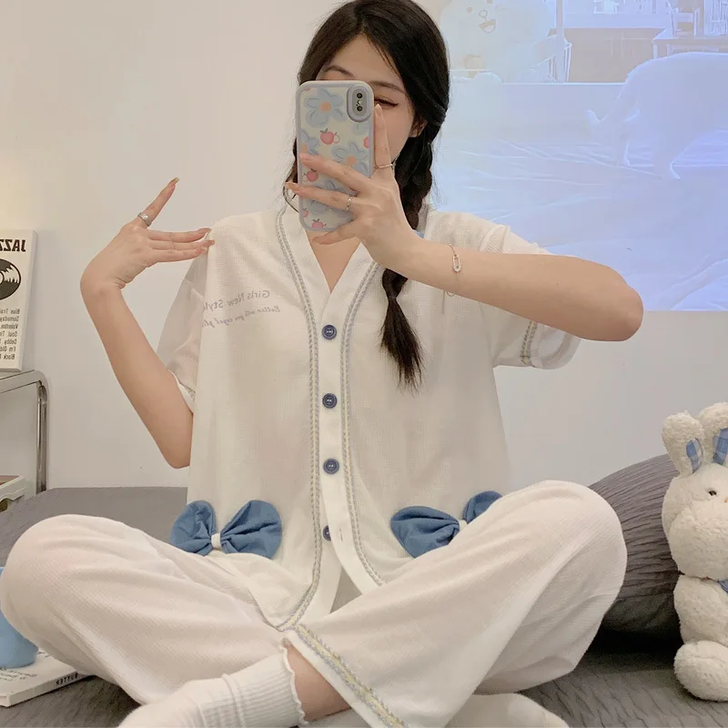 Elegant Women's Summer Waffle Cotton Pajamas Set Chic Lingeries Girl Kawaii Pijama Short Sleeve Casual Sleepwear Women's Clothes