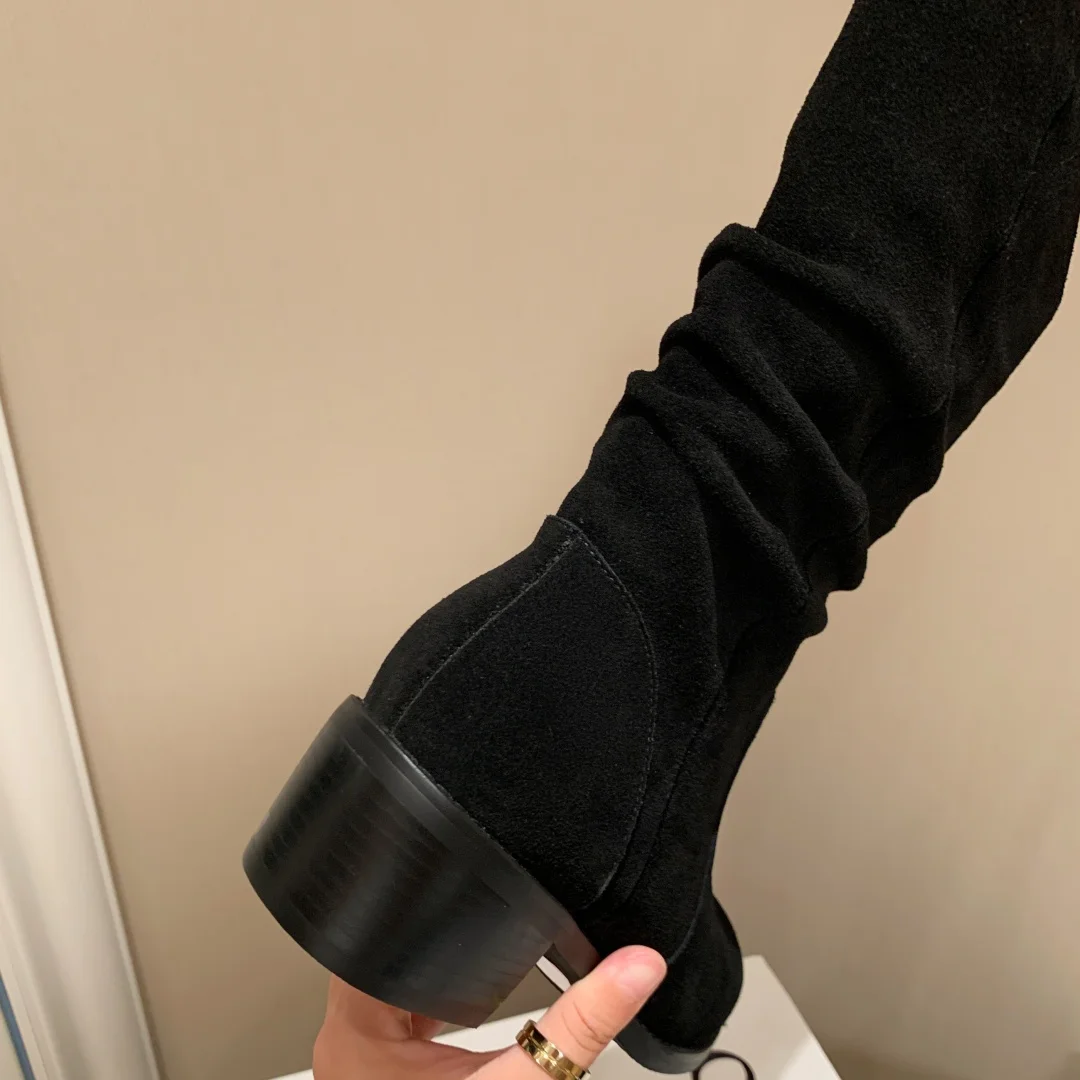 Женские плиссированные осенние ботинки без шнуровки из натуральной замши