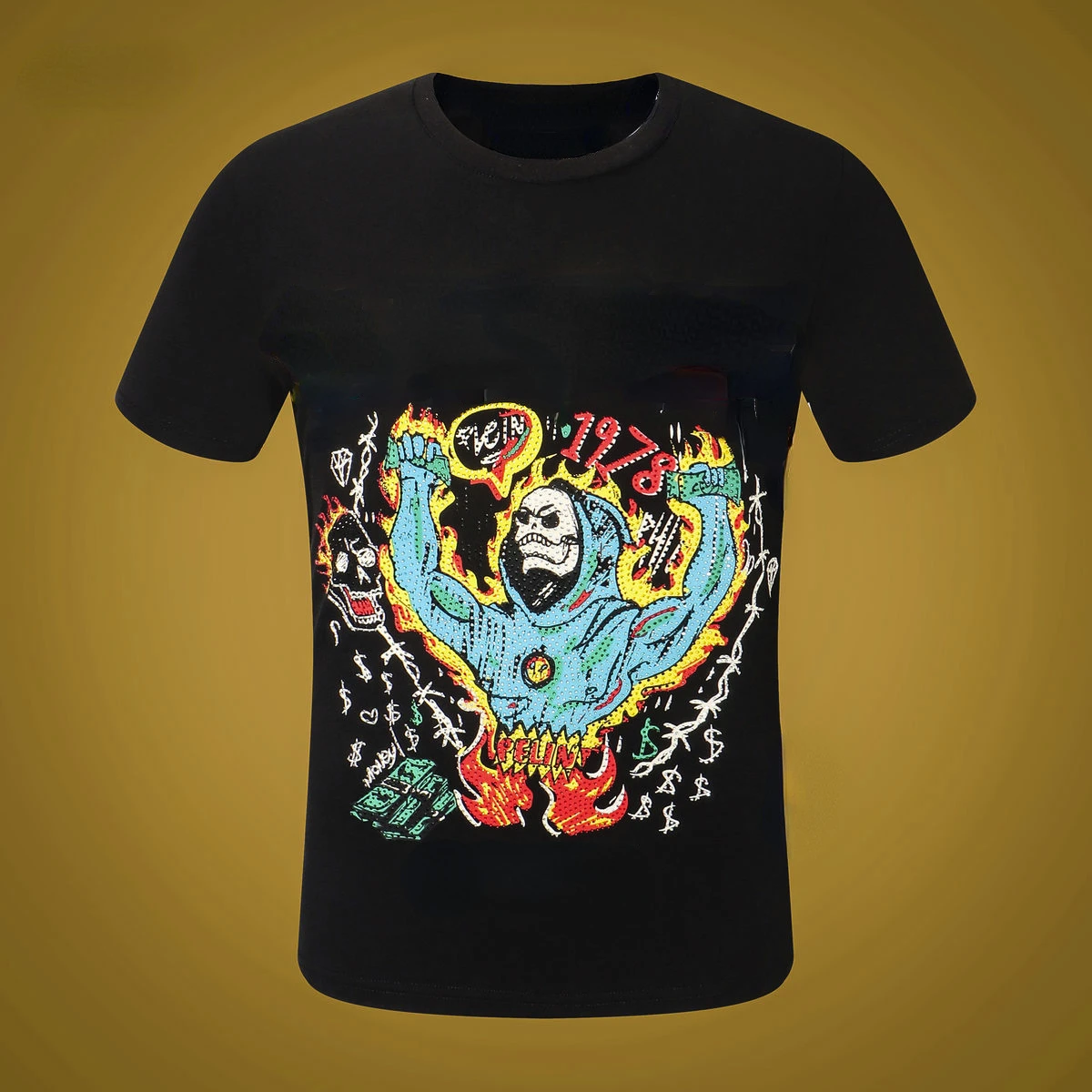 

2022 Short Sleeve T-shirt Men's Spring and Summer Creative Skull Hot Drill Round Neck Short Sleeve Fashion Slim Fit Cotton