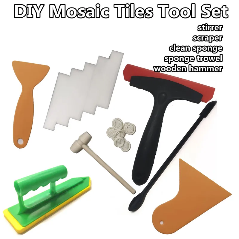 DIY Mosaic Tiles Tool Set Multiple Optional Sponge Trowel Silicone Strrier Plastic Scraper Wooden Hammer Finger-Cot Clean Sponge