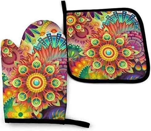 

Amazing Pattern Oven Mitt and Pot Holder Kitchen Heat Resistant Non-Slip Cooking Glove Potholder for BBQ Baking Grilling