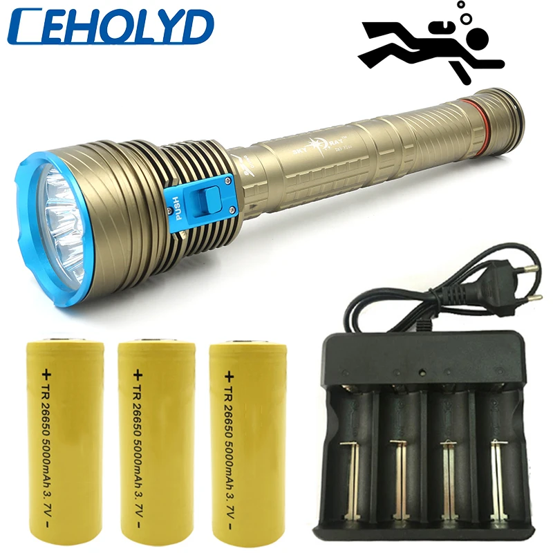 

LED Diving Flashlight Original XM-L T6 80000 Lumens Torch Light Waterproof Underwater 100m by 26650 Battery Z20DX9