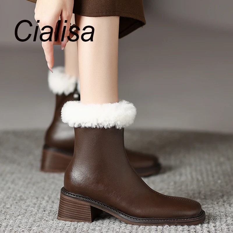

Женские ботильоны на меху Cialisa, коричневые теплые ботинки из натуральной кожи с квадратным носком, на молнии, на высоком каблуке, для зимы, 2022