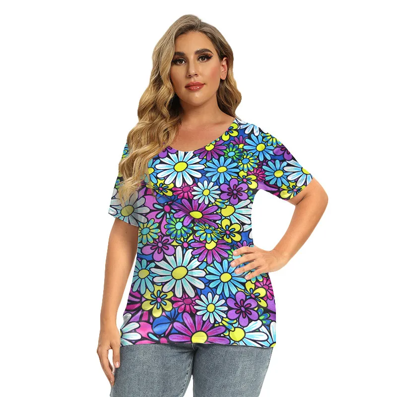 

Cute Sweet Sun Flower Women T shirts Casual Loose Short Sleeve V-neck 3D Print Ladies Shirts Top Summer Plus Size 5XL Streetwear