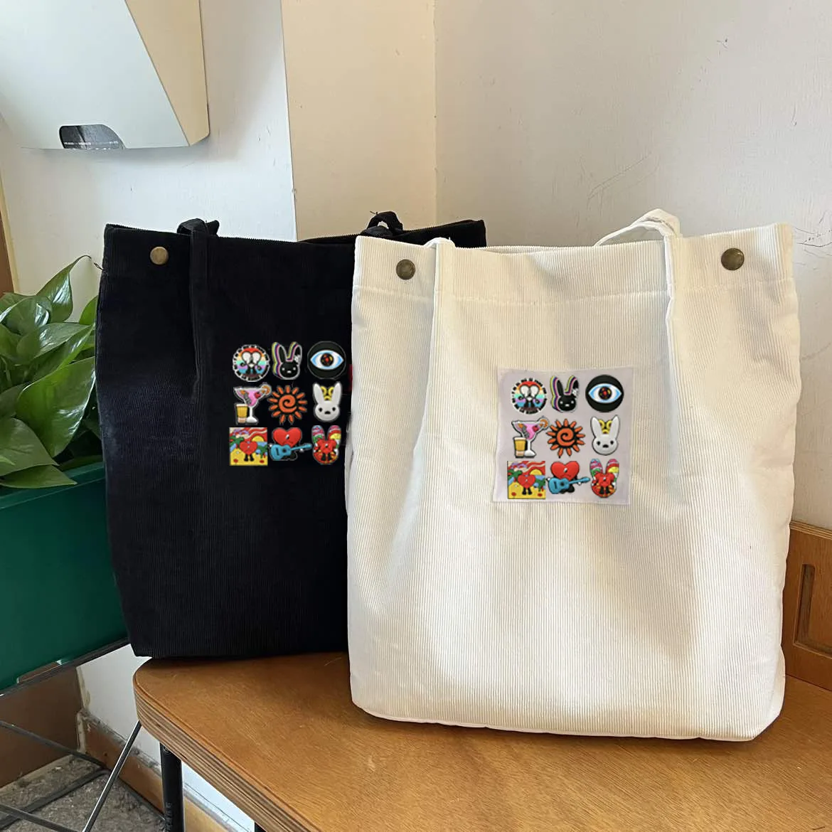 

Corduroy Tote Bags for Women Bad Bunny Shopping Bags with Button Reusable Shoulder Bag DIY Beach Bag Women's Handbags Trend 2022