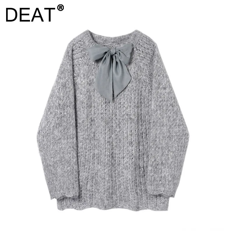 DEAT женский пуловер вязаный свободный на шнуровке с бантом и рукавами реглан