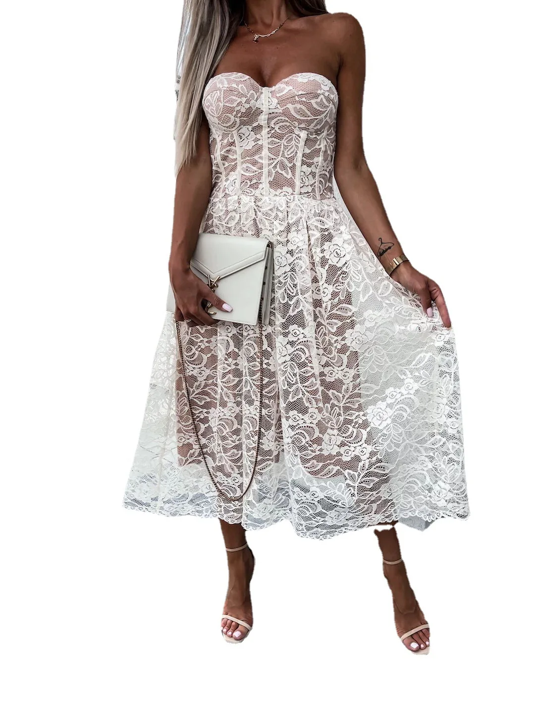 

Elegant Ladies Party Dress Mesh 2022 Summer Sexy Off Shoulder Tube Top Lace Long Dress