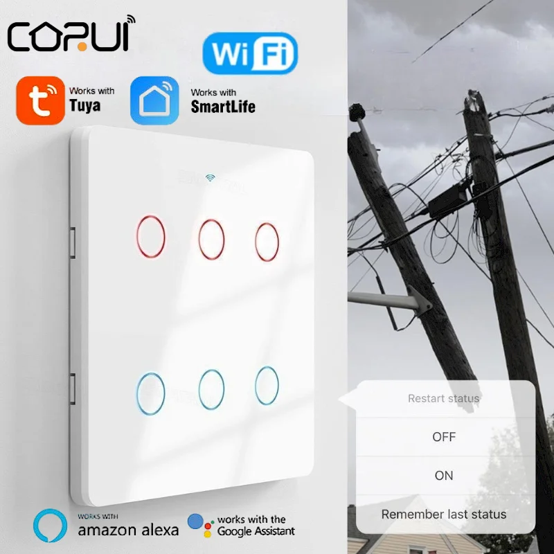 

CORUI Tuya WiFi Smart Touch Switch 4/6gang Brazil Bluetooth Smart Panel Light Switch Capacitor Smart Life APP Alexa Google Home